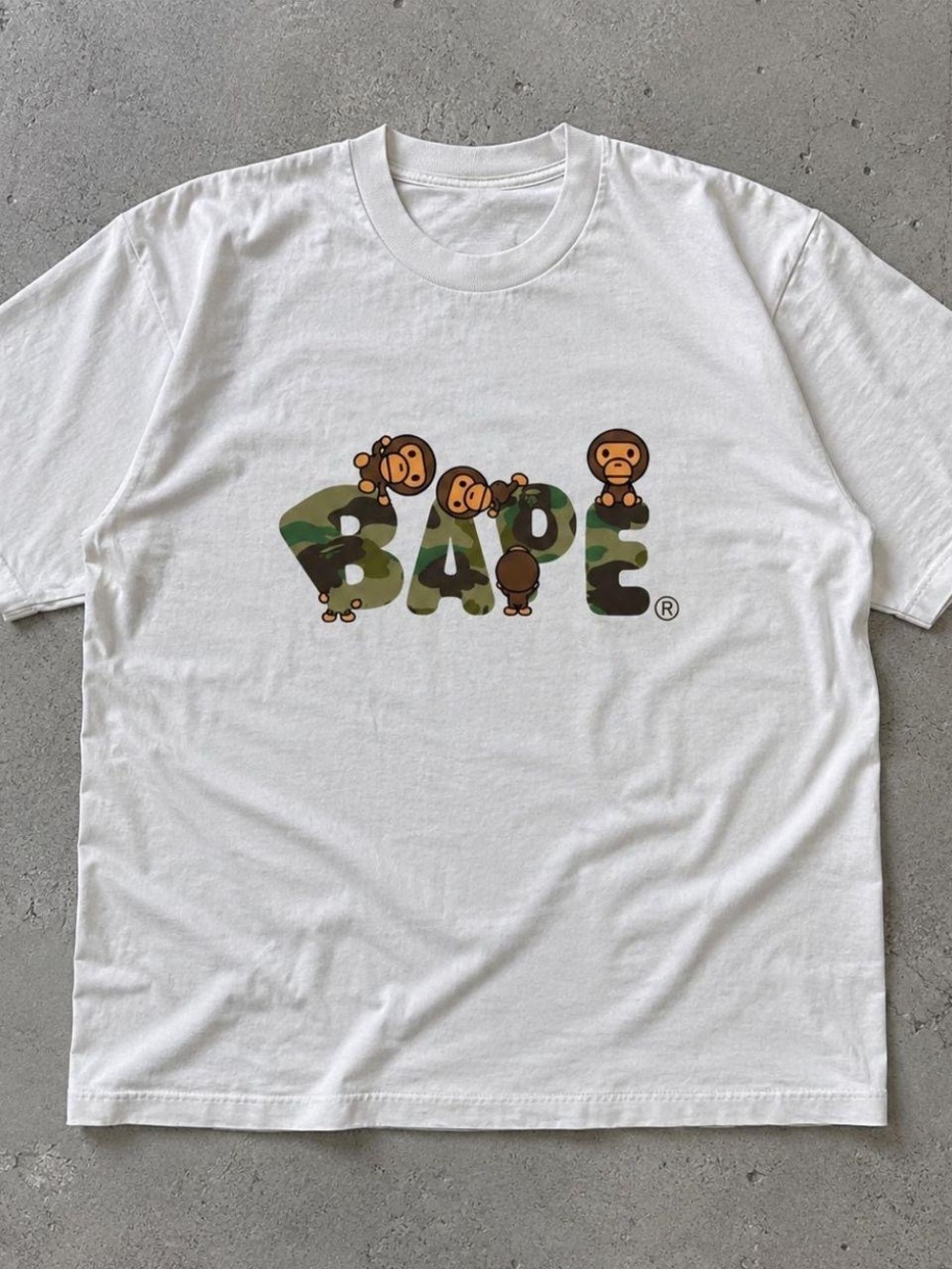 Gildan White Short-Sleeve Tee with Green Camo BAPE Logo and Brown Ape Motifs